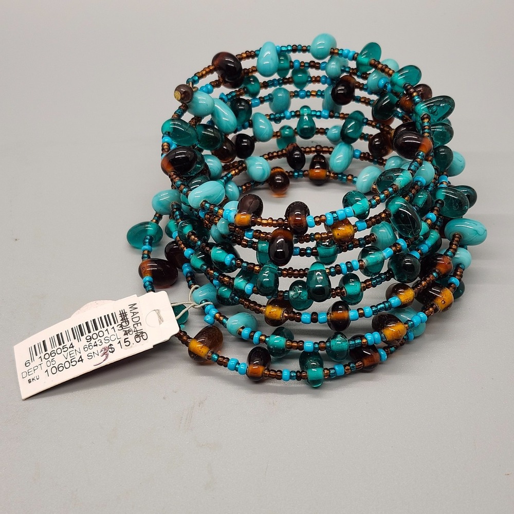 Fashion Bracelet Blue Green Glass Seed Bead Wire Recoil Wrap BOHO Dress Barn NWT